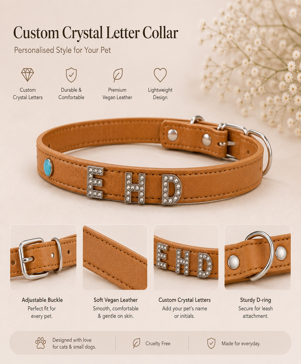 Custom Crystal Letter Collar with personalized crystal name details for pets