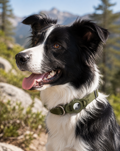 Border Collie wearing AirTag Dog Collar - luxury pet tracker collar for dogs