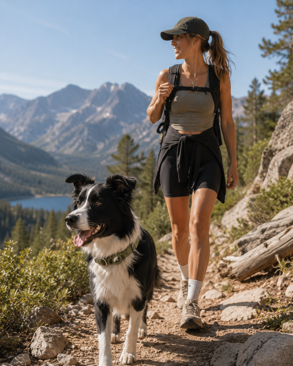 Woman hiking with Border Collie wearing AirTag Dog Collar - track your dog on outdoor adventures