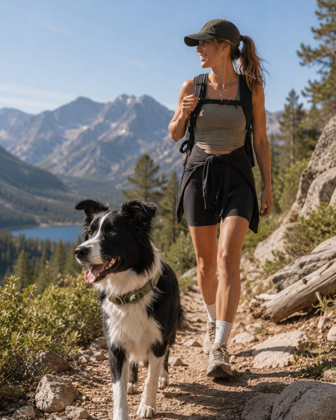 Woman hiking with Border Collie wearing AirTag Dog Collar - track your dog on outdoor adventures