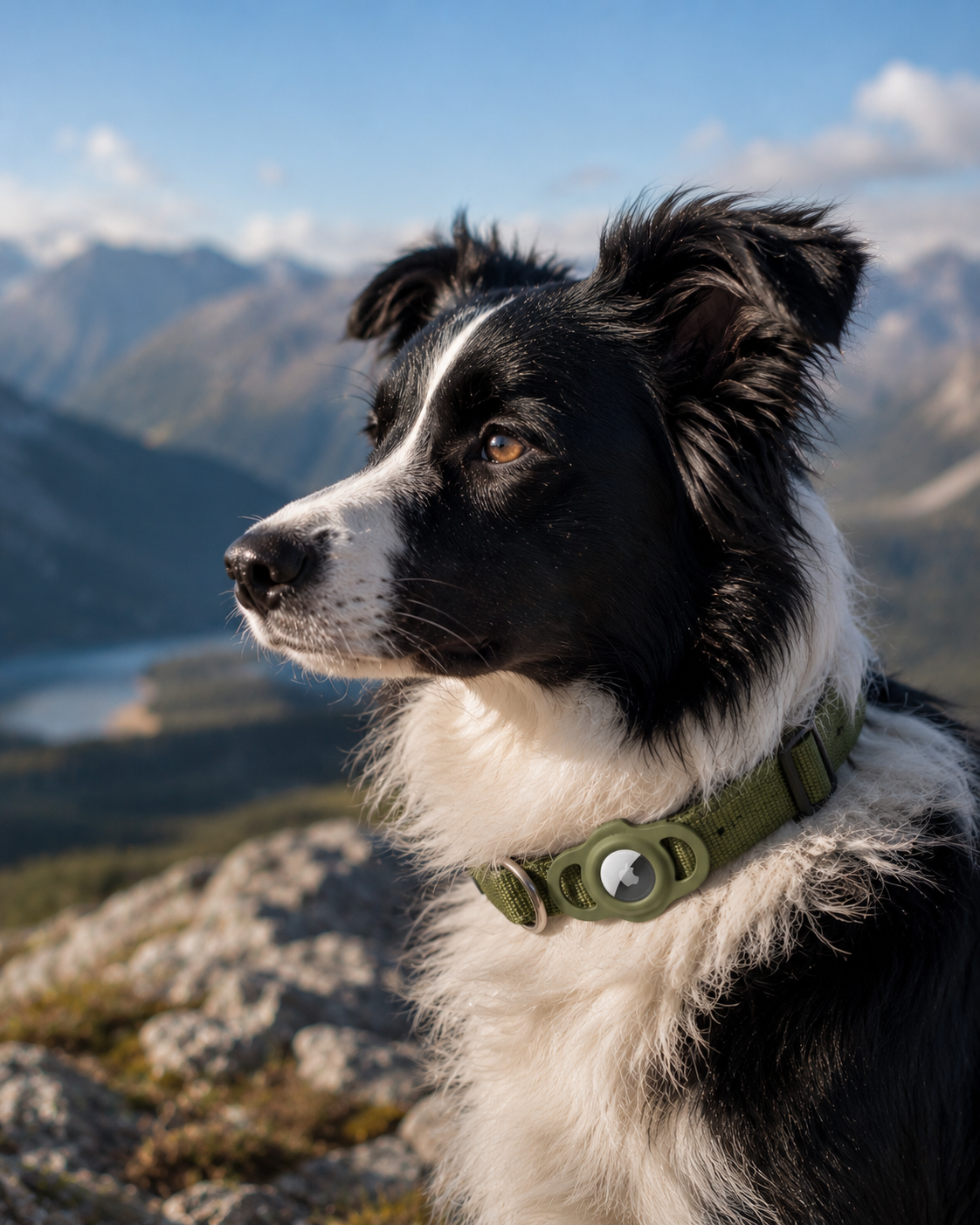 Border Collie wearing AirTag Dog Collar outdoors - green nylon tracker collar for hiking and adventures