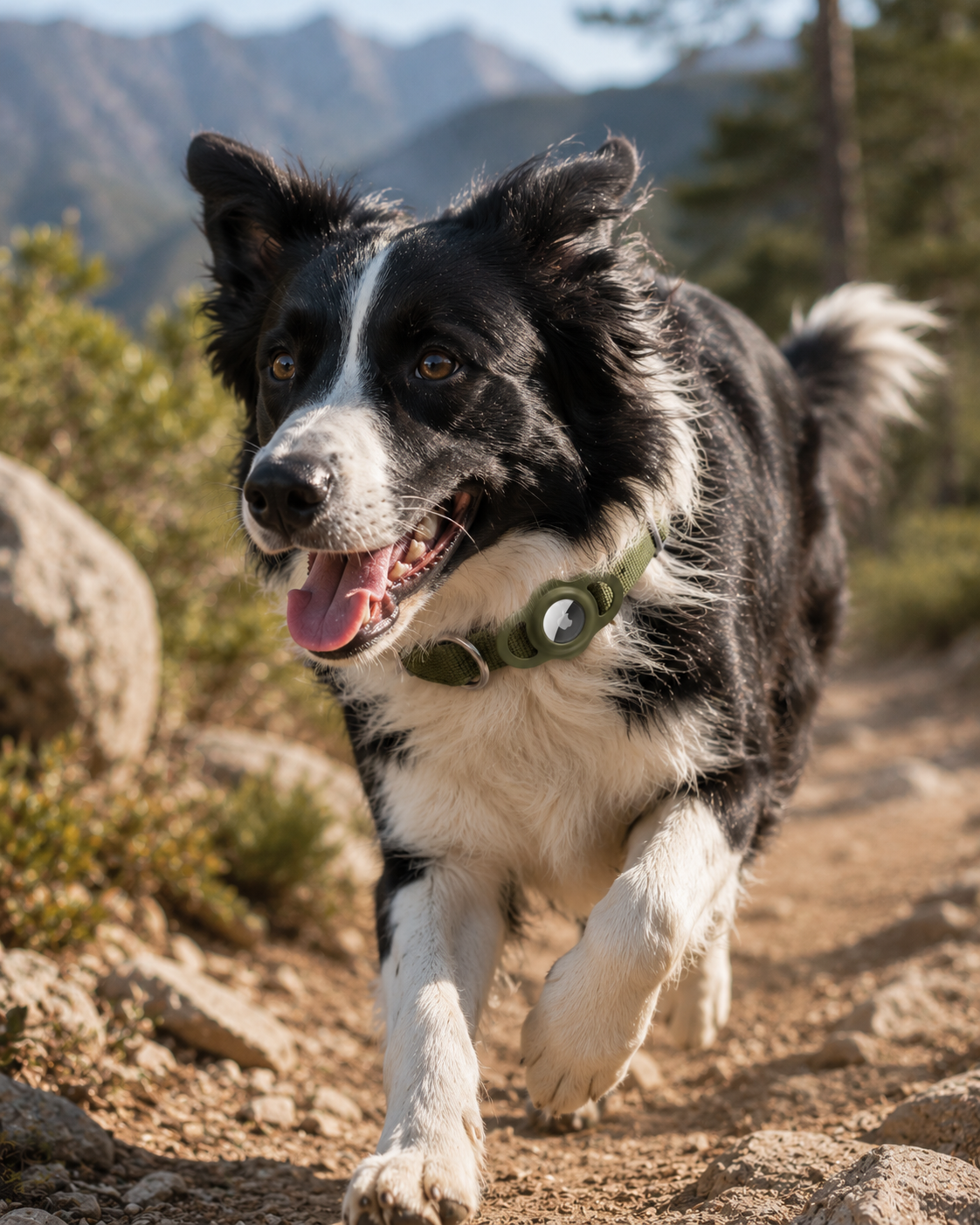 Border Collie running on mountain trail wearing AirTag Dog Collar - durable GPS tracker collar for active dogs