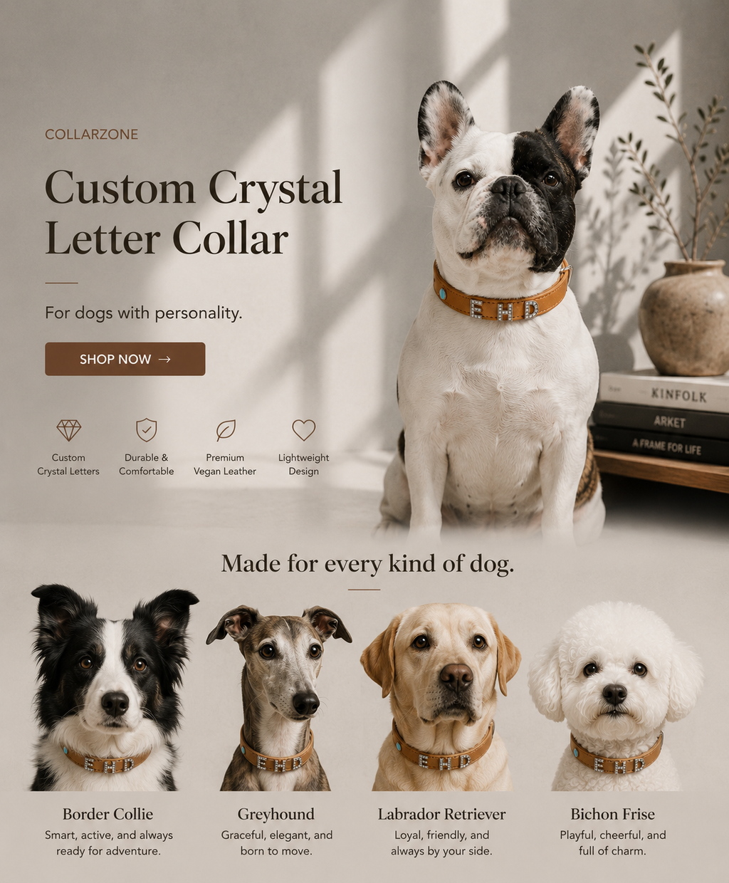 Custom Crystal Letter Collar with personalized crystal name details for pets
