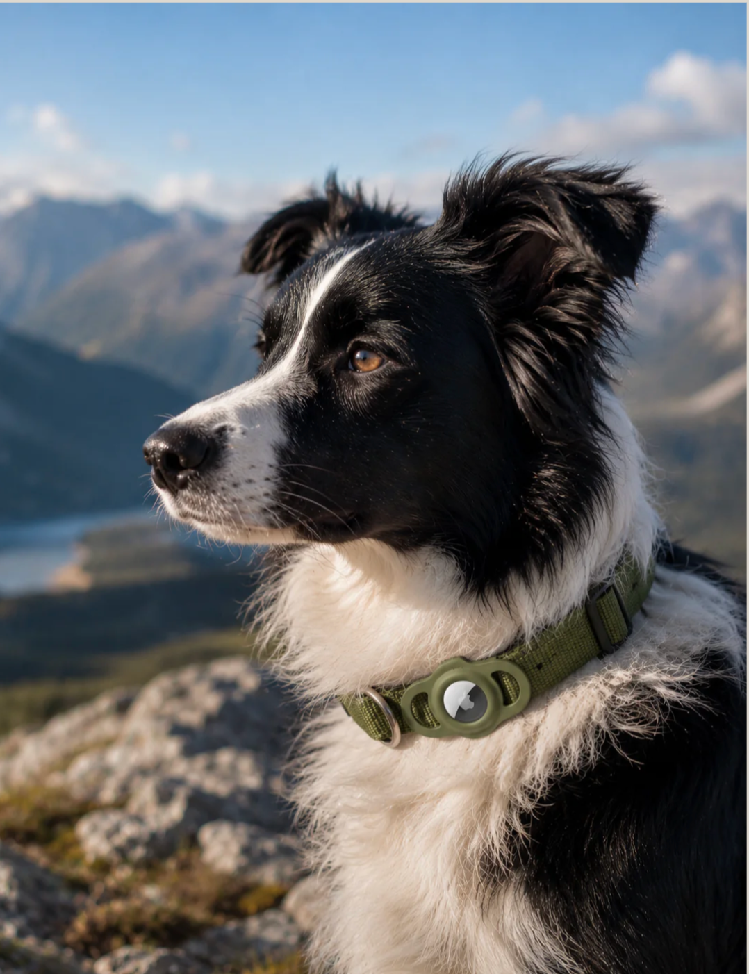 Scout in morning light wearing a collar