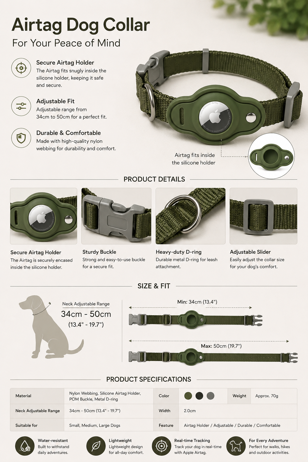 AirTag Dog Collar product details - secure silicone holder, adjustable 34-50cm, nylon webbing, metal D-ring and buckle