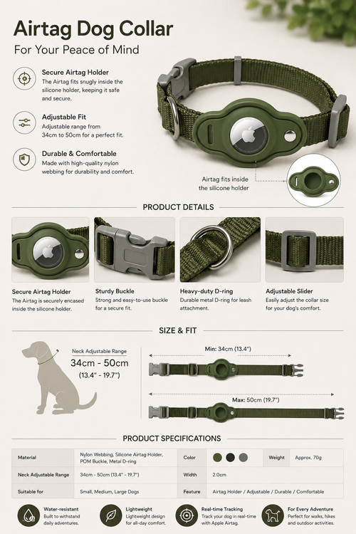 AirTag Dog Collar product details - secure silicone holder, adjustable 34-50cm, nylon webbing, metal D-ring and buckle
